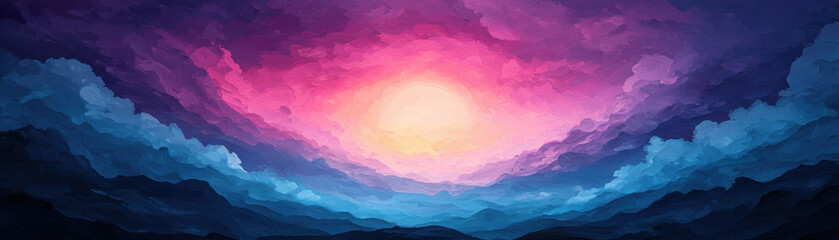 A vibrant sunset painting showcasing rich hues of pink, purple, and blue clouds, creating a serene and enchanting atmosphere.