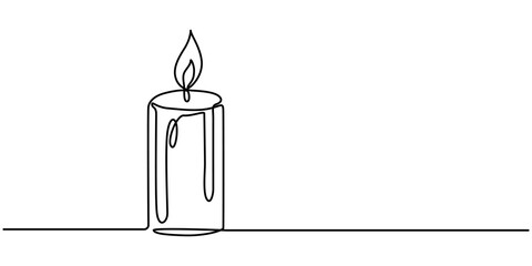 One line drawing of Burning fire candle. continuous line candlelight icon isolated on a white background. Candle light continuous one line drawing art. Christmas candle One continuous line drawing.