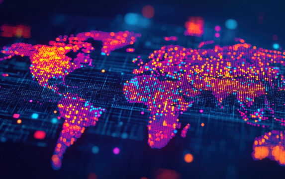 Vibrant digital world map with neon dots highlighting global connections, perfect for technology, data, and network themes.