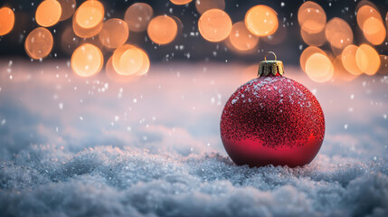 A vibrant red Christmas ornament resting on soft, snowy ground, surrounded by sparkling lights, evoking the warm spirit of the holiday season.