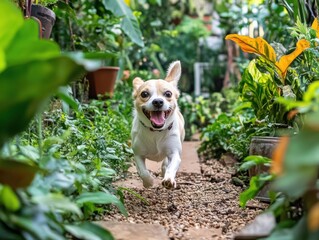 A Thai dog is running around in the garden.