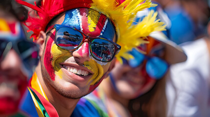 "Close-Up of Passionate Formula 1 Fans in Colorful Attire, Showing Their Enthusiasm and Excitement for the Race, Capturing the Thrill, Energy, and Spirit of Motorsport Fans at a Major Racing Event"

