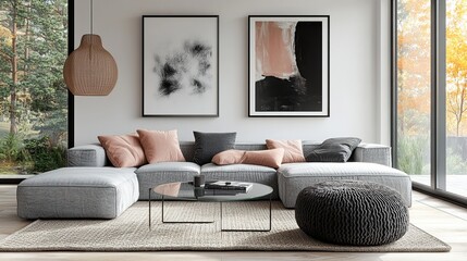 A detailed 3D rendering of a modern minimalist living room interior. Features a comfortable gray sofa with decorative cushions in muted pastel colors like blush pink and soft teal.