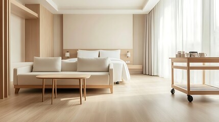 Minimalist bedroom interior with a white sofa, bed, wooden floor, and a wooden cart with teacups.