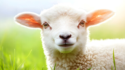 Fototapeta premium A close-up of a cute lamb smiling amidst a vibrant green field showcasing its fluffy wool and expressive eyes radiating innocence and warmth