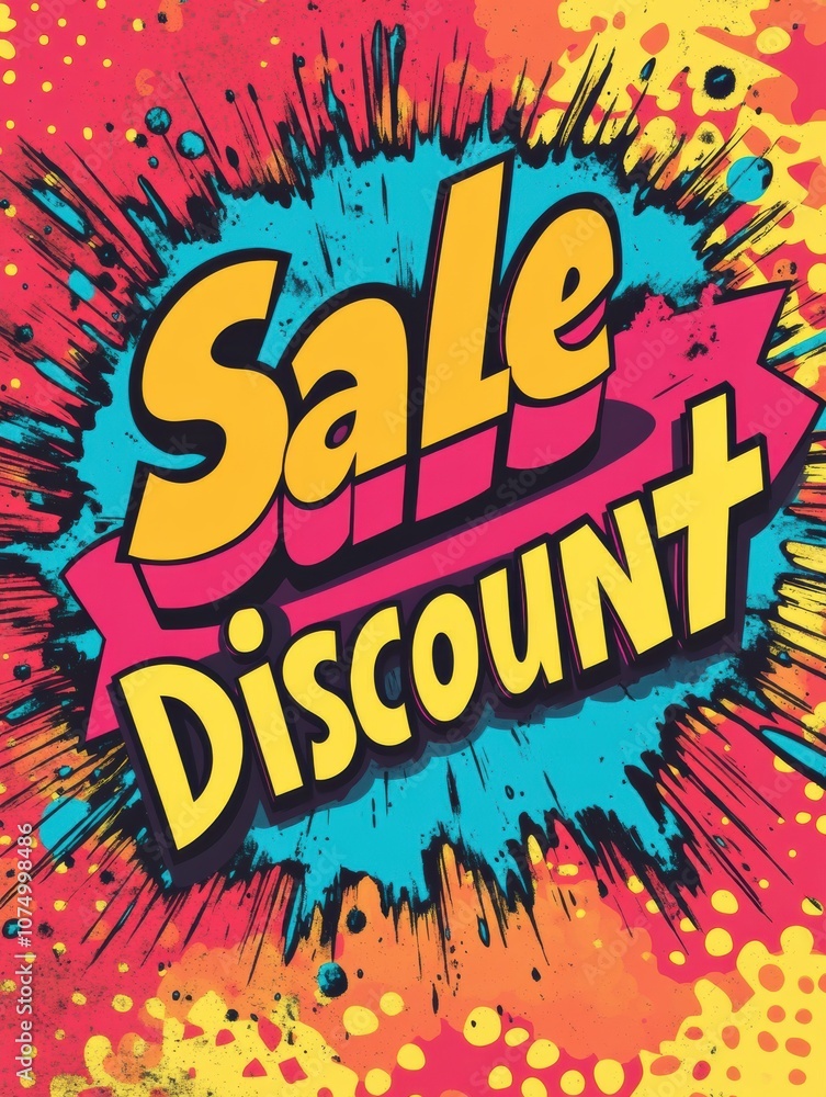 Aufkleber explosive bursts of colors showcase bold text declaring a sale and discount, attracting attention wi