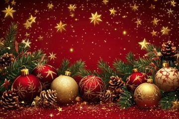Christmas background with red and gold decorations, stars, and pine branches on a red backdrop