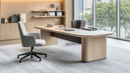 Fototapeta premium Modern Office Interior with Large Desk and Swivel Chair