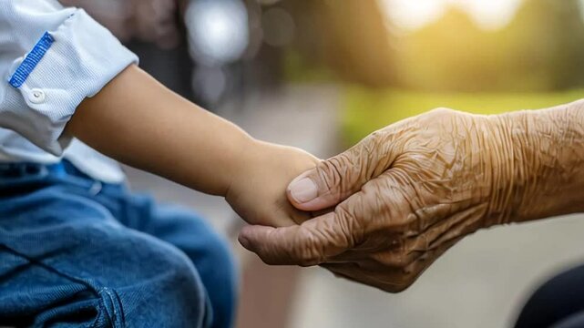children's hands stroke tired old hands with deep wrinkles and veins. Caring for the elderly. continuity of generations. love your loved ones.
