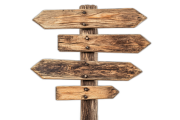 Rustic wooden arrow signpost isolated transparent background
