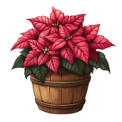 Poinsettia in Wooden Pot: A vibrant, red poinsettia plant blooms in a rustic wooden pot, a classic symbol of Christmas cheer and holiday spirit.