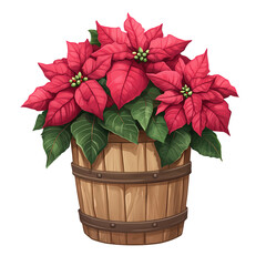 Poinsettia in Wooden Pot: A vibrant, red poinsettia plant blooms in a rustic wooden pot, a classic symbol of Christmas cheer and holiday spirit.