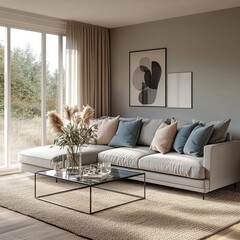 A detailed 3D rendering of a modern minimalist living room interior. Features a comfortable gray sofa with decorative cushions in muted pastel colors like blush pink and soft teal.