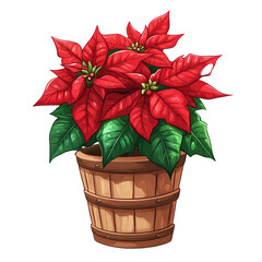 Poinsettia in Wooden Pot: A vibrant, red poinsettia plant blooms in a rustic wooden pot, a classic symbol of Christmas cheer and holiday spirit.