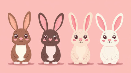 Fototapeta premium Cute illustration featuring four different colored bunnies against a pink background, perfect for spring or Easter themes.