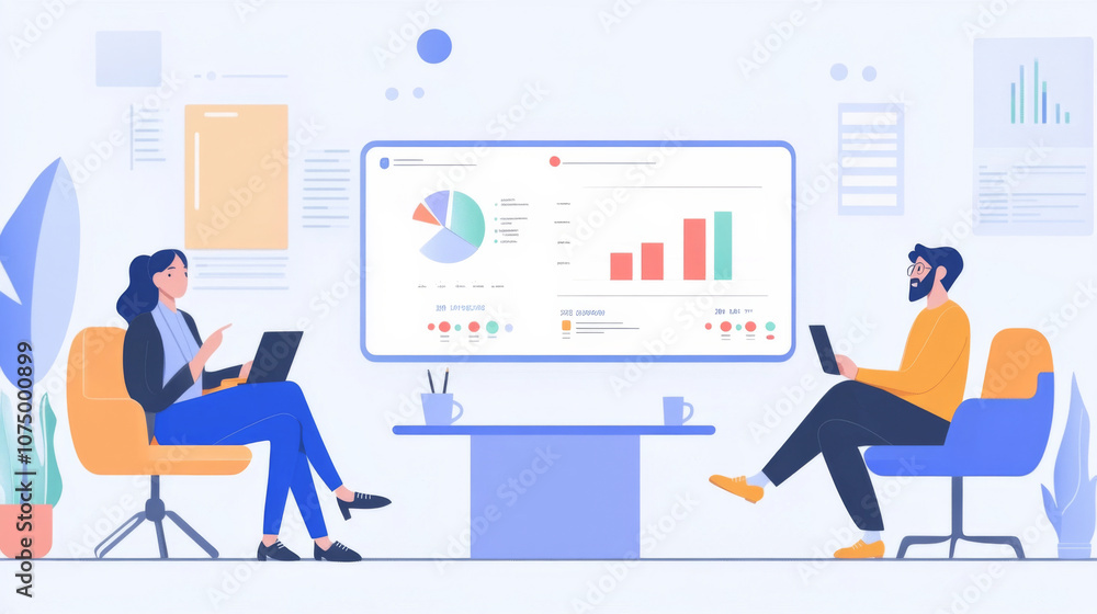 Poster digital dashboard displaying revenue and profit data discussed by business team
