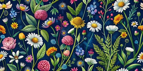 Surreal Floral Seamless Pattern - Chamomile, Clover, Achillea, Grass