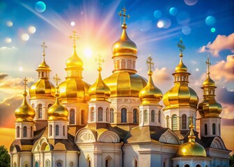 Obraz premium Ukrainian churches shimmer, golden domes blurred in ethereal beauty.