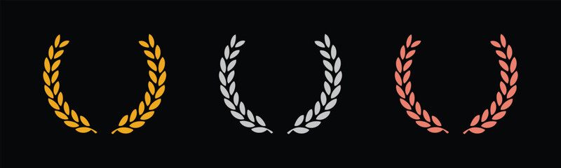 Laurel wreath of victory icon, set of gold, silver, and bronze medals on black background, laurel frame ranking decoration. Vector illustration