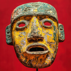Ancient Carved Mask Weathered by Time with Bold Colors and Unique Features, Perfect for Cultural or Artistic Projects and Historical Context Exploration