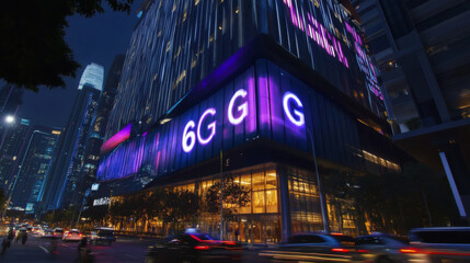 Futuristic 6G Projection on Smart City Building Facade at Night