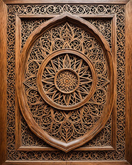 Antique Moroccan wooden door with intricate Islamic geometric patterns, aged turquoise paint, and ornate metal accents, capturing traditional craftsmanship and historic architecture in a rustic old