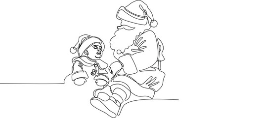 Character With A Sack Full Of Gifts. Vector Hand Drawn Illustration. One continuous line drawing Santa Claus on reindeer and sled. concept for Christmas and New Year