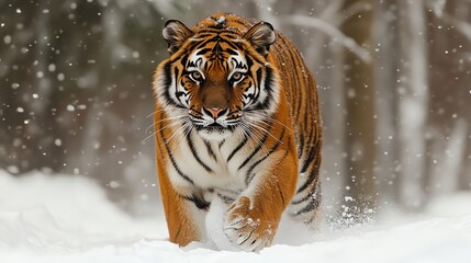 Obraz premium A Siberian tiger walks through a snowy forest, looking directly at the camera.
