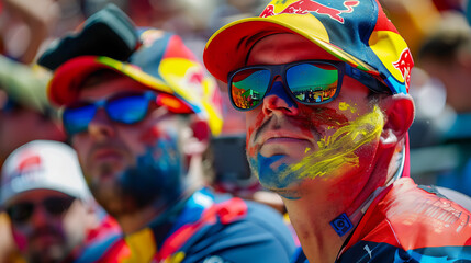 "Close-Up of Passionate Formula 1 Fans in Colorful Attire, Showing Their Enthusiasm and Excitement for the Race, Capturing the Thrill, Energy, and Spirit of Motorsport Fans at a Major Racing Event"

