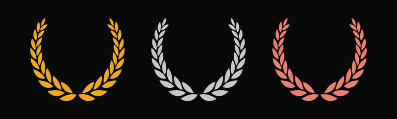 Laurel wreath of victory icon, set of gold, silver, and bronze medals on black background, laurel frame ranking decoration. Vector illustration