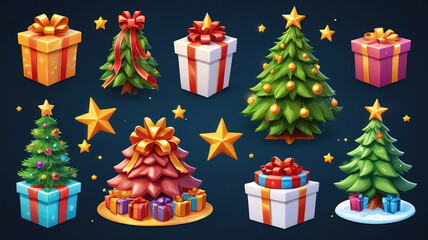 Festive 3D icon set with Christmas trees, stars, fir trees, and gifts.