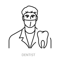 Dentist, line icon. Male doctor wearing medical mask and cap, tooth symbol near. Dentistry and teeth care issue. Oral surgery concept. Linear illustration, editable stroke icon