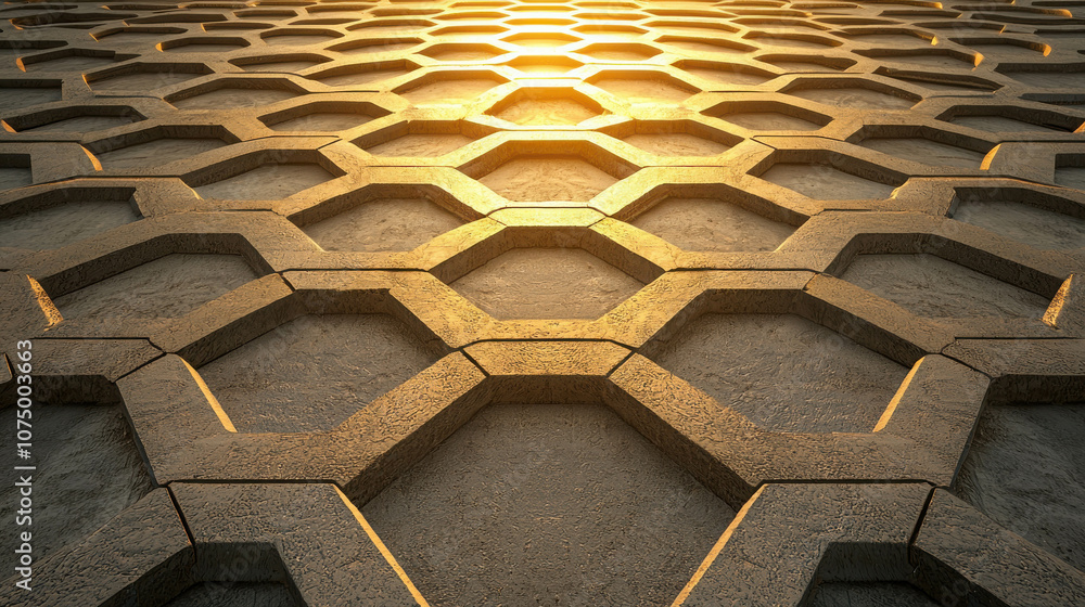 Poster An Architectural Marvel Featuring Interconnected Geometric Shapes with Warm Sunlight Casting Beautiful Shadows on the Surface of a Honeycomb Structure