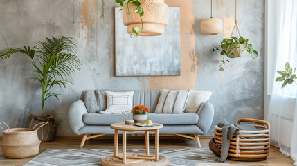 Living room interior design with Scandinavian decor, featuring soft gray couches, light wooden coffee table, potted plants, and abstract art on a textured wall.