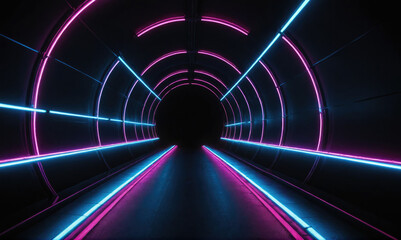 A futuristic tunnel illuminated with bright blue and pink neon lights