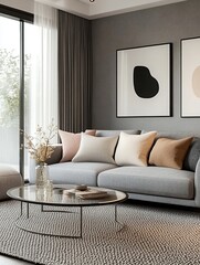 A detailed 3D rendering of a modern minimalist living room interior. Features a comfortable gray sofa with decorative cushions in muted pastel colors like blush pink and soft teal.