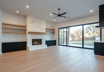 Fototapeta premium the living room in an new modern farmhouse with light grey walls, white ceiling and wooden floors
