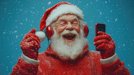 Funny Senior man in santa claus clothes and headphones is dancing to music played on his phone