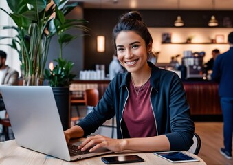 Fototapeta premium A young woman sits at a wooden table in a stylish cafe, focused on her laptop. She looks happy and relaxed, surrounded by plants and the bustling atmosphere of other customers