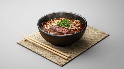 A bowl of noodles with meat and vegetables sits on a bamboo mat