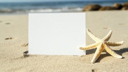 Blank Card on Sandy Beach with Starfish