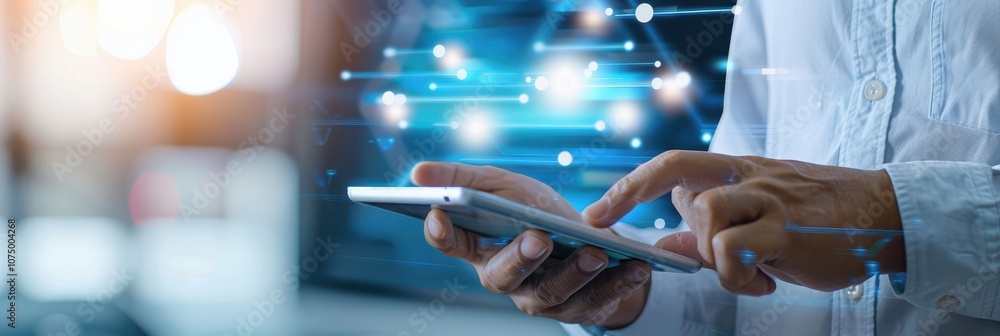 Poster hands operating a smartphone with digital network connections overlay, symbolizing connectivity and 