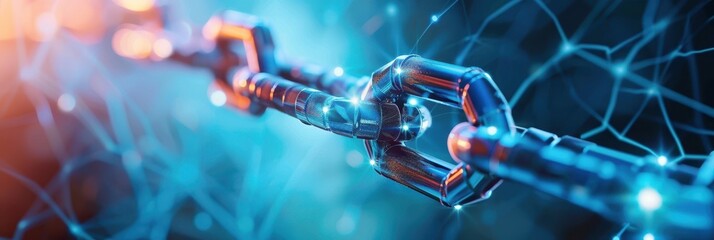Close-up of a metallic blockchain chain link with glowing points of connection in a digital network, symbolizing secure connectivity.
