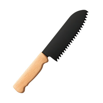 a bread knife, serrated blade with wooden handle, realistic details, isolated on white background