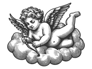 Naklejka premium cherub cupid lying on a cloud, holding an arrow in vintage engraving style, ideal for romantic themes sketch engraving generative ai raster illustration. Scratch board imitation. Black and white image