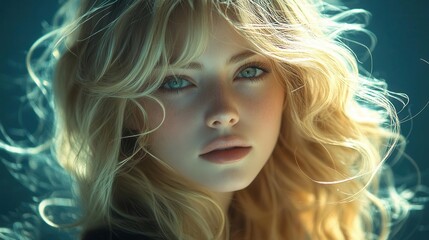 Fototapeta premium blonde woman with flowing hair illuminated by soft ambient light, her glossy waves contrasting against a dark backdrop. the scene evokes elegance and serenity