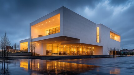 Modern architectural building with striking design, illuminated at dusk showcasing its contemporary aesthetic against a moody sky and reflecting on wet pavement.