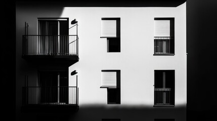 Obraz premium Minimalist architectural facade in black and white showcasing shadows, windows, and balconies, creating a modern urban aesthetic with a dramatic contrast in lighting