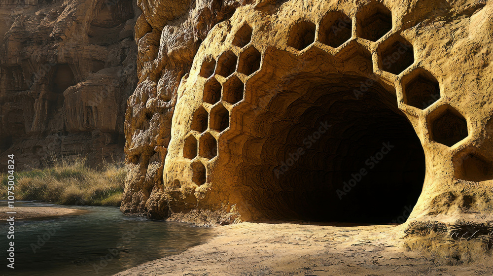 Poster artistic depiction of a honeycomb pattern carved into a rock formation with unique geometric shapes 