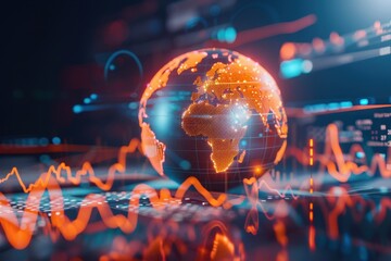 A digital globe with bright data points and financial charts, symbolizing global economy, market trends, and international business insights.